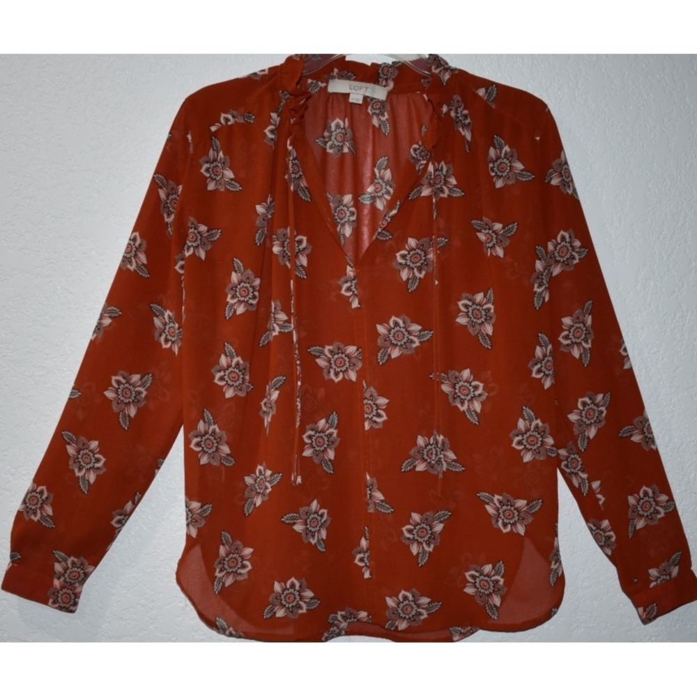 Ann Taylor LOFT XS Blouse Long Sleeve Semi Sheer Lightweight Keyhole Ruffle Neck